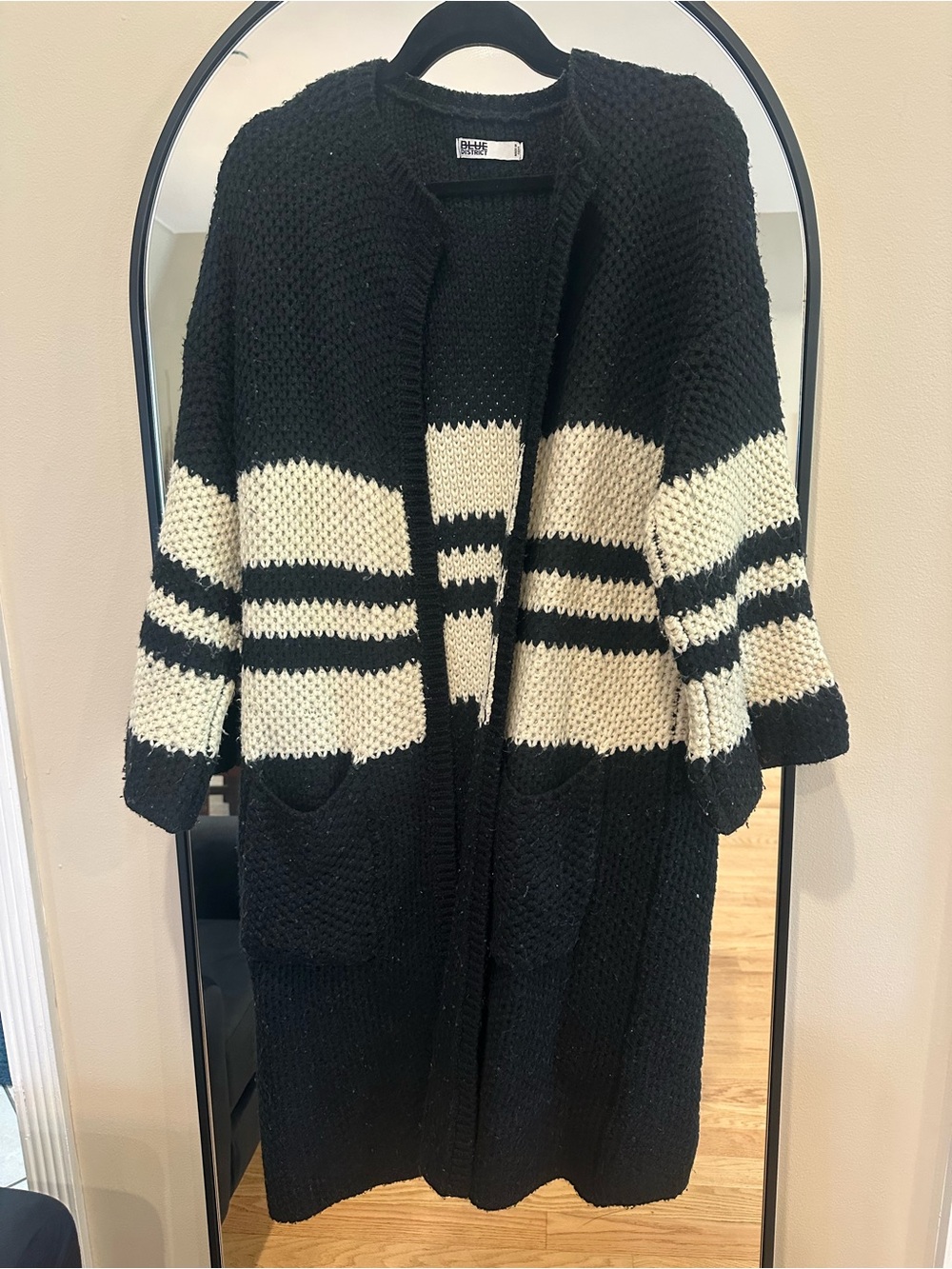Black & Cream Striped Open-Front Knit Cardigan Sweater